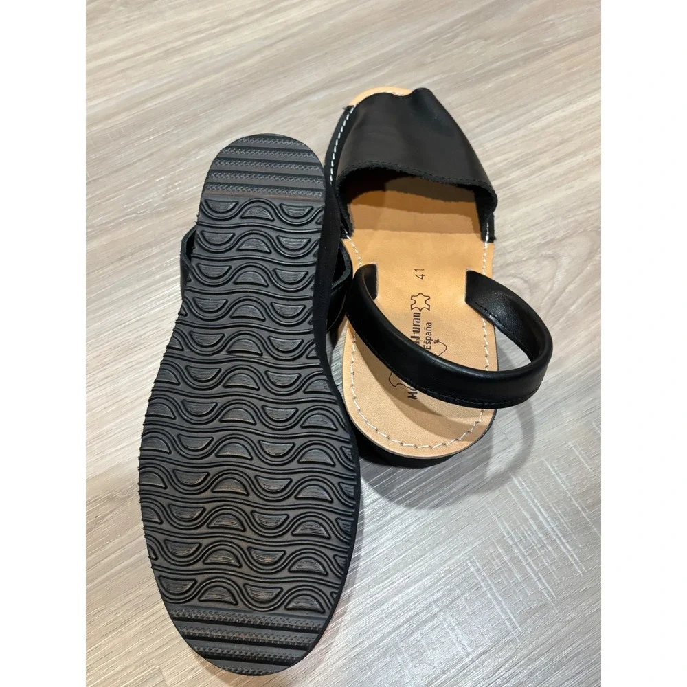 Menorquina Furan Black Leather Avarca Sandals Wedge Hecho en España Size 41